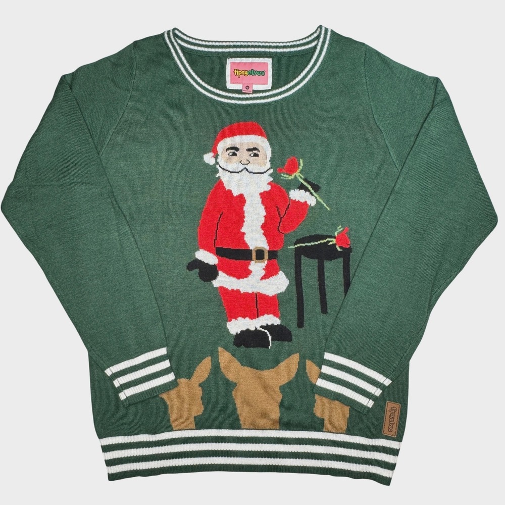 Tipsy Elves Santa Christmas Sweater Green Reindeer Holiday Knit Size M